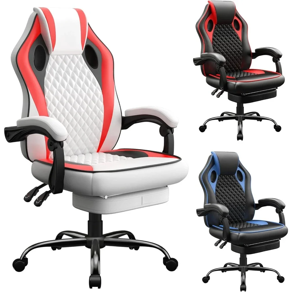 Game Office Chair with Footstool, Adjustable Height and Angle, 360 ° Rotating Ergonomic Game Chair