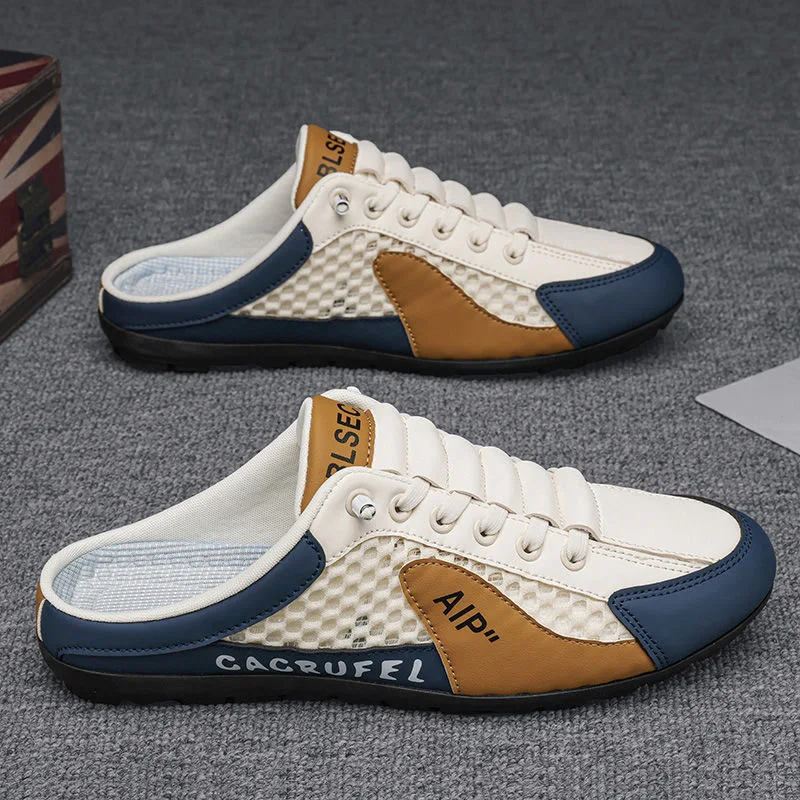 Summer Men's PU Leather Mesh Slippers Rubber Soft Sole Slippers Home Closed Toe Slingback Slides Flat Leisure Breathable Sandals