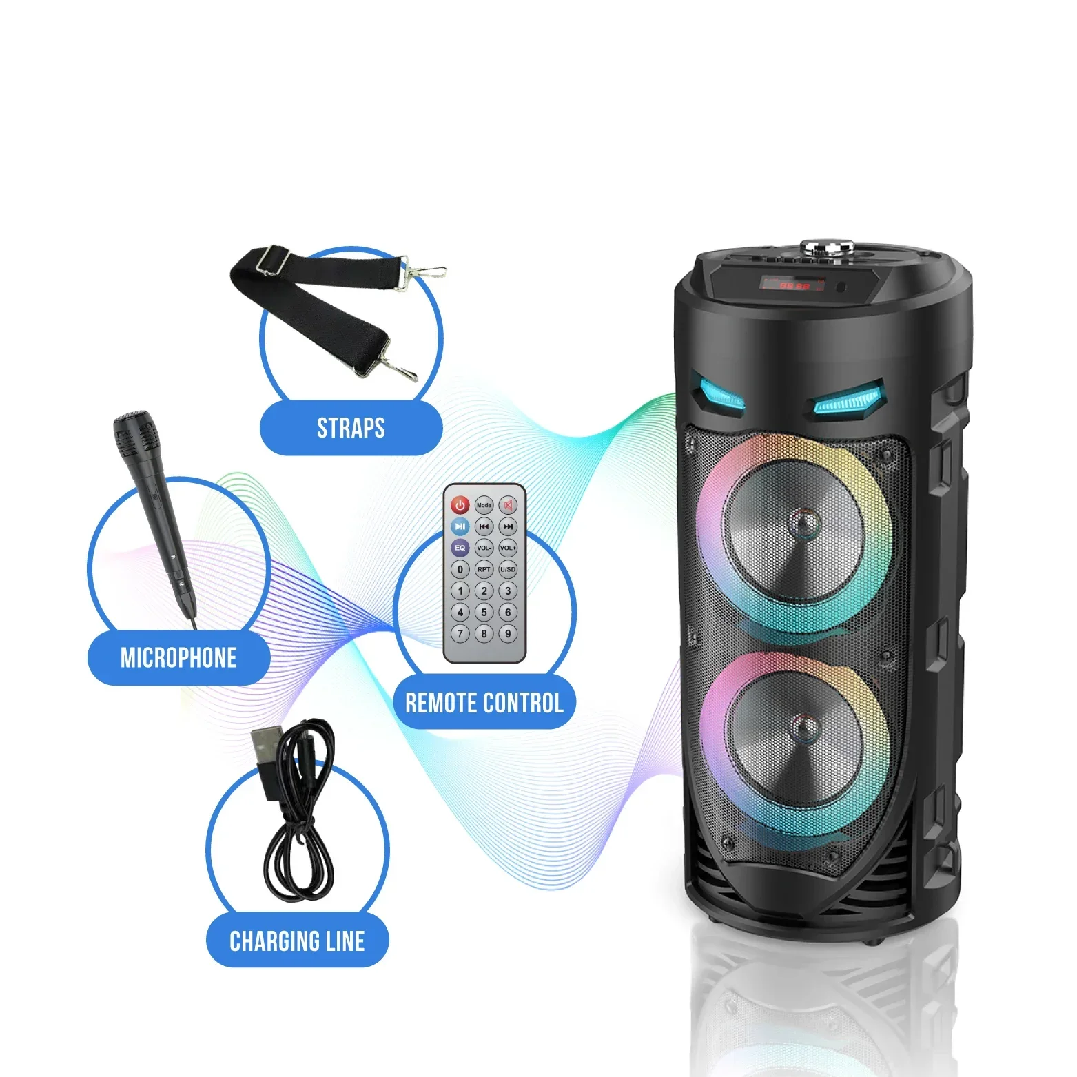 30W Wireless Column Big Power Stereo Portable Bluetooth Speaker Subwoofer Bass Party Speakers with Microphone Family Karaoke USB