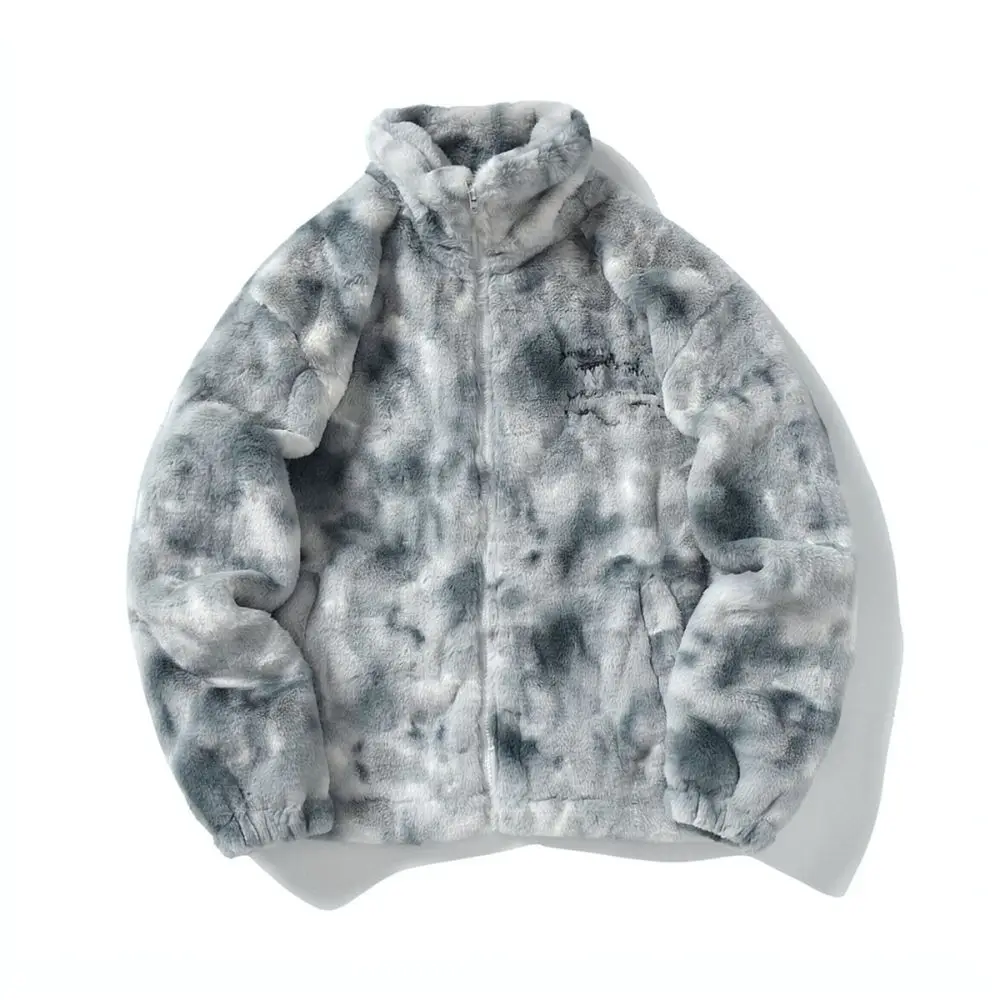 Unisex Street Style Tie Dye Faux Fur Jacket Winter Loose Embroidery Letter Coat Casual Warm Thick Couple Outerwear