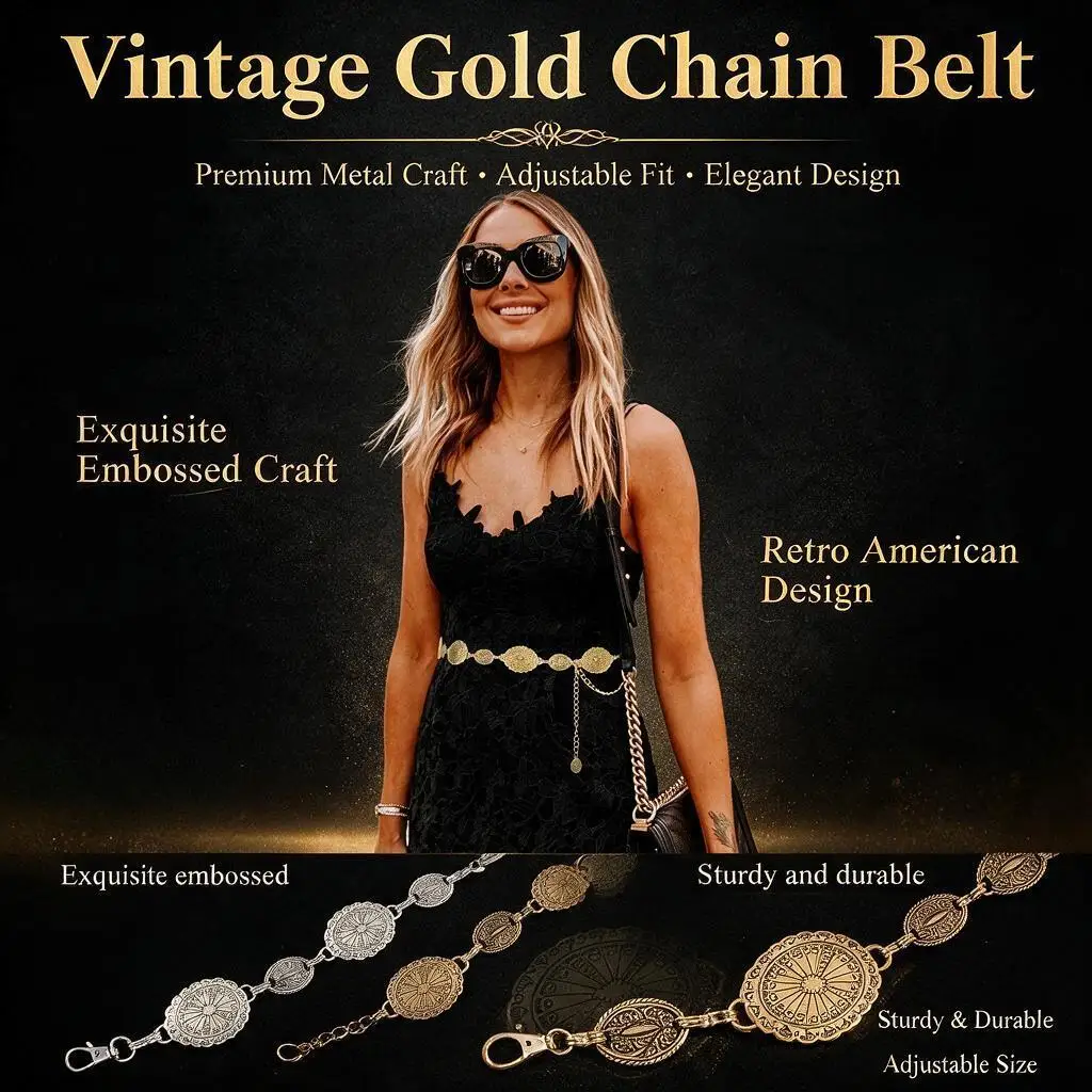 Women Western Metal Concho Chain Belt, Adjustable Cowgirl Waist Belt for Dresses & Jeans, Boho Country Concert Festival Outfit Accessory, Ideal Holiday Gift for Her
