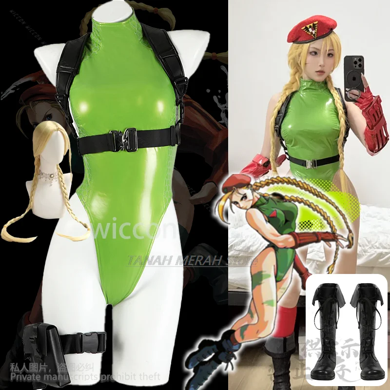 

Cammy White Fighting Anime Game SF Косплей Аниме Костюм Сексуальный Зеленый Комбинезон Кожаный Костюм Бикини Шляпа Парики Обувь Jirai Kei Custom