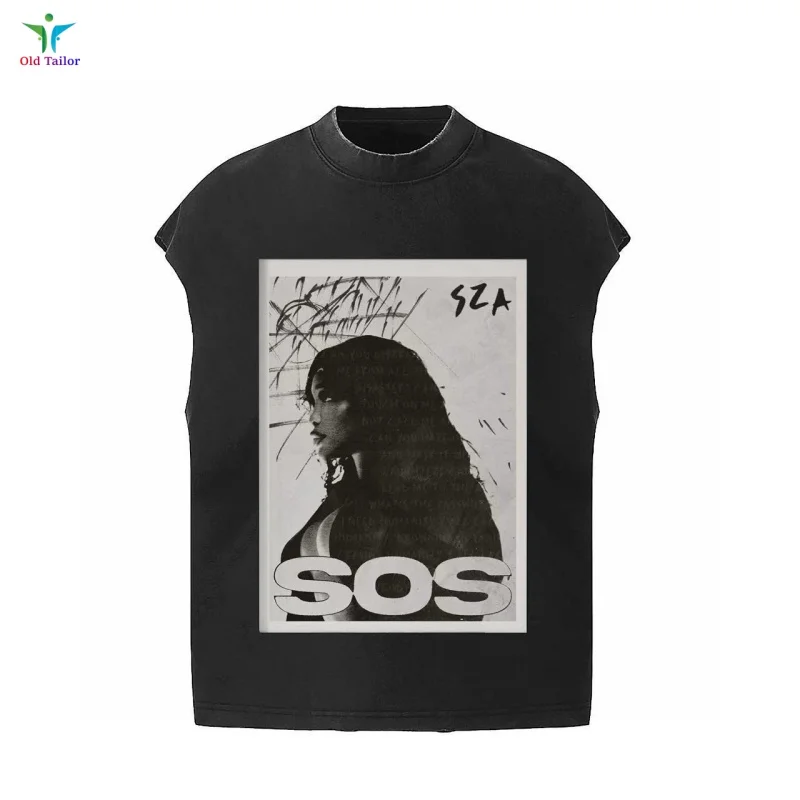 

Summer Multiple Styles Fashionable Printed Tank Top Athletic Washed Loose-Fit Black Crew Neck Vest