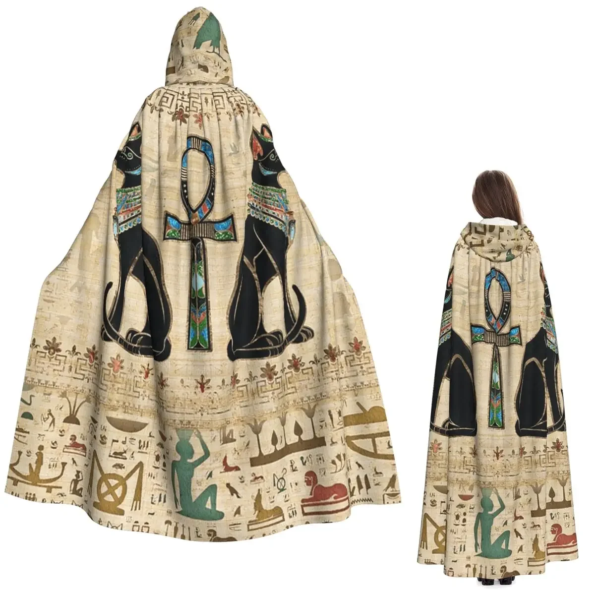

Egyptian Cats And Ankh Cross Long Hooded Cloak Witch Medieval Costume Cosplay Cape HalloweenParty Adult Unisex