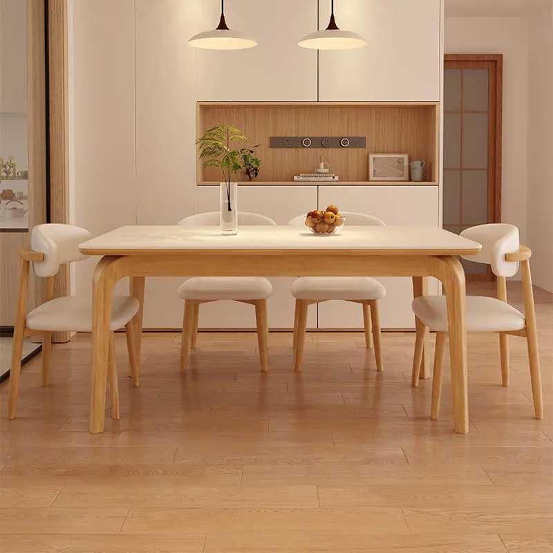 

All solid wood rock slab dining table and chair combination household small apartment log color cream