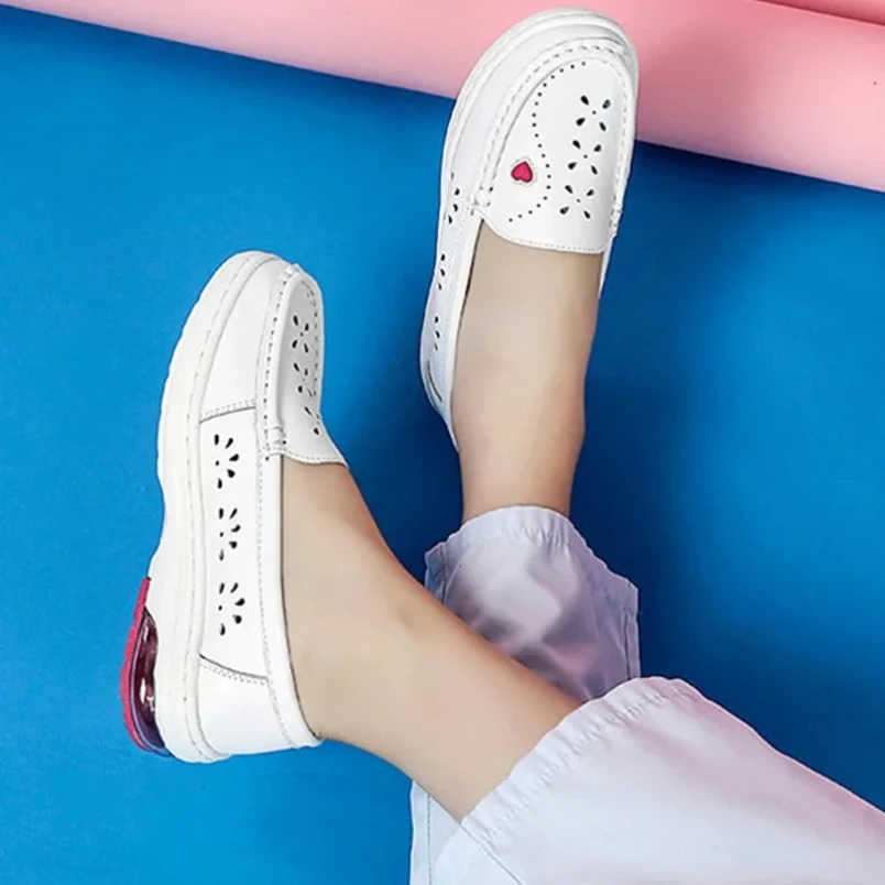 2025 Waterproof Platform Sneakers Women Air Cushion Swing Shoes White Nurse Shoes Cowhide Non-slip Lady Loafers Hollow Wedge view 2
