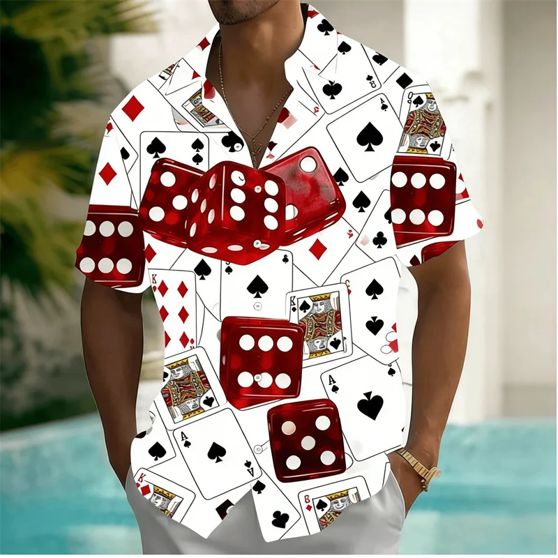 

2026 New Men's Trendy Fun Poker Theme Short-Sleeve Shirt, Dice Print, Lapel Collar, Casual Beach Vacation Top, Sizes XS-6XL