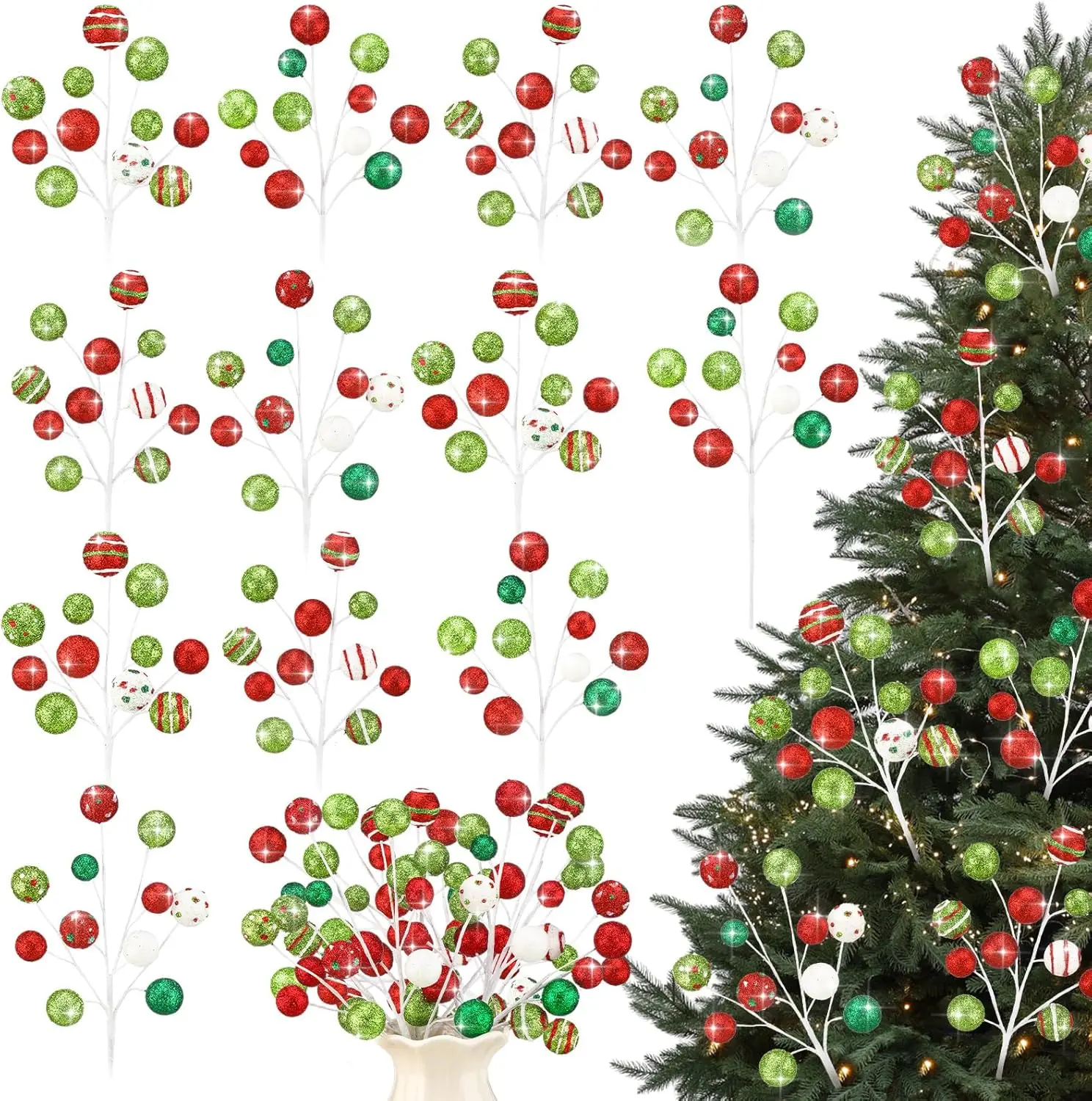 

12 Pcs Christmas Glitter Ball Picks 15 Inch Green Red White Berries Tree Decorations Xmas Ornaments DIY Wreath Garland Crafts