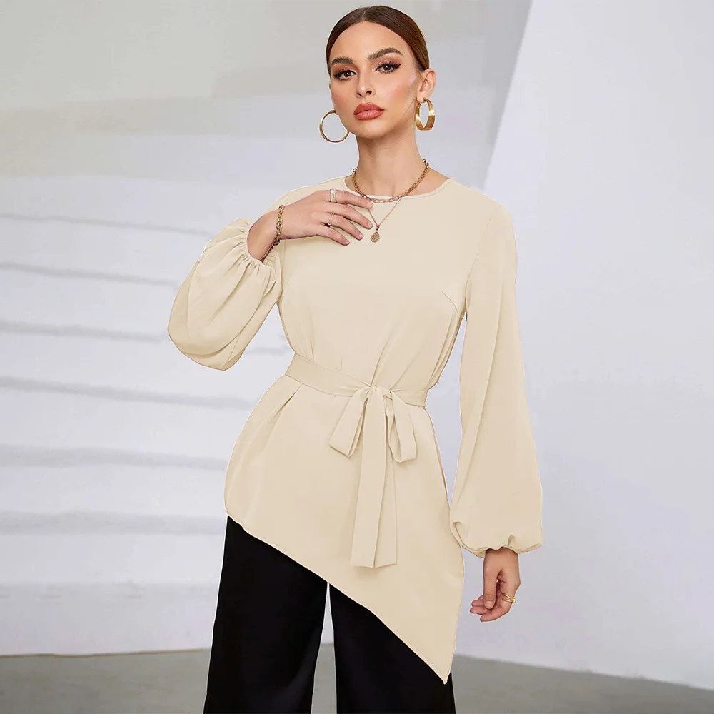 

Cross-Border Women's Long Sve irt Asymmetrical Waist-Cinching Spring Summer Faion Ele Ladies' Top