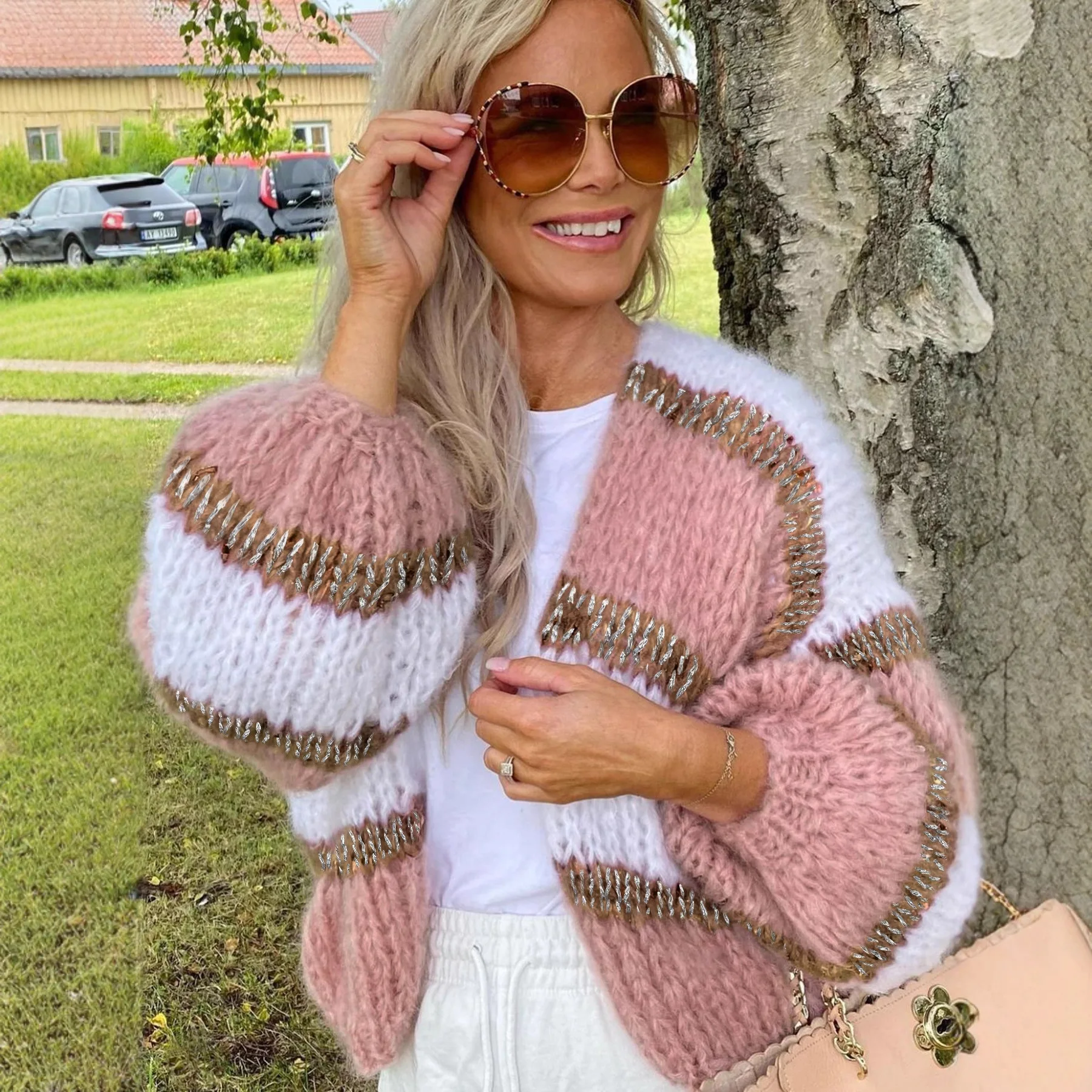 

2025 Casual V-neck Ladies Knitted Cardigans Long Sleeve Loose Women Sweater Stripe Autumn Winter Knitwear Jackets