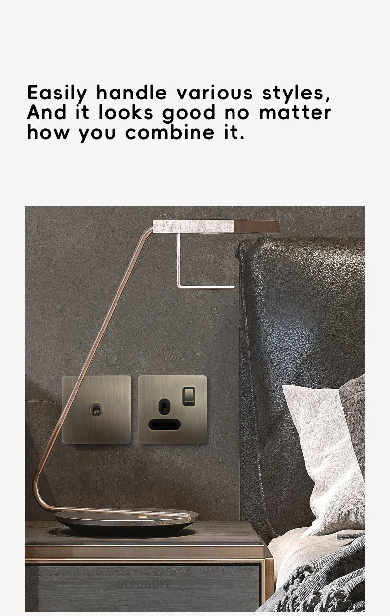 Retro Metal Brushed Antique Stainless Steel Push Button Switch Panel UK 13A Socket with USB Phone Charging for Home Improvement