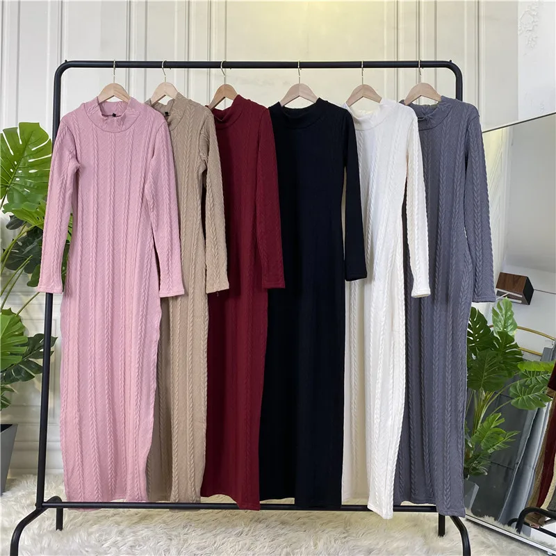 2024 Long Cotton Knitted Women Maxi Sweater Dress Warm Turtleneck Muslim Dress Solid Color Long Sleeve Islamic Winter Warm Abaya