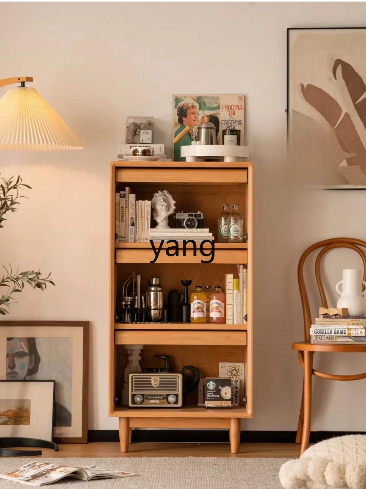 LTT solid wood living room low bookshelf multi-functional floor cabinet Japanese-style flap glass magazine cabinet
