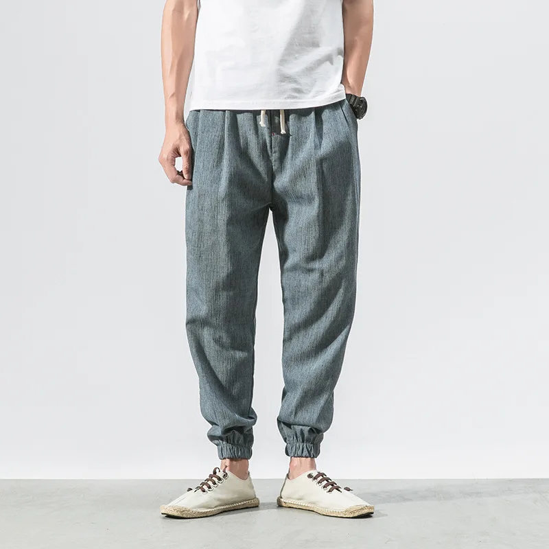 2024 New Summer Cotton Linen Men\'s Casual Pants Men\'s Solid Color Plus Large Loose Linen Pants Cargo Pants Men