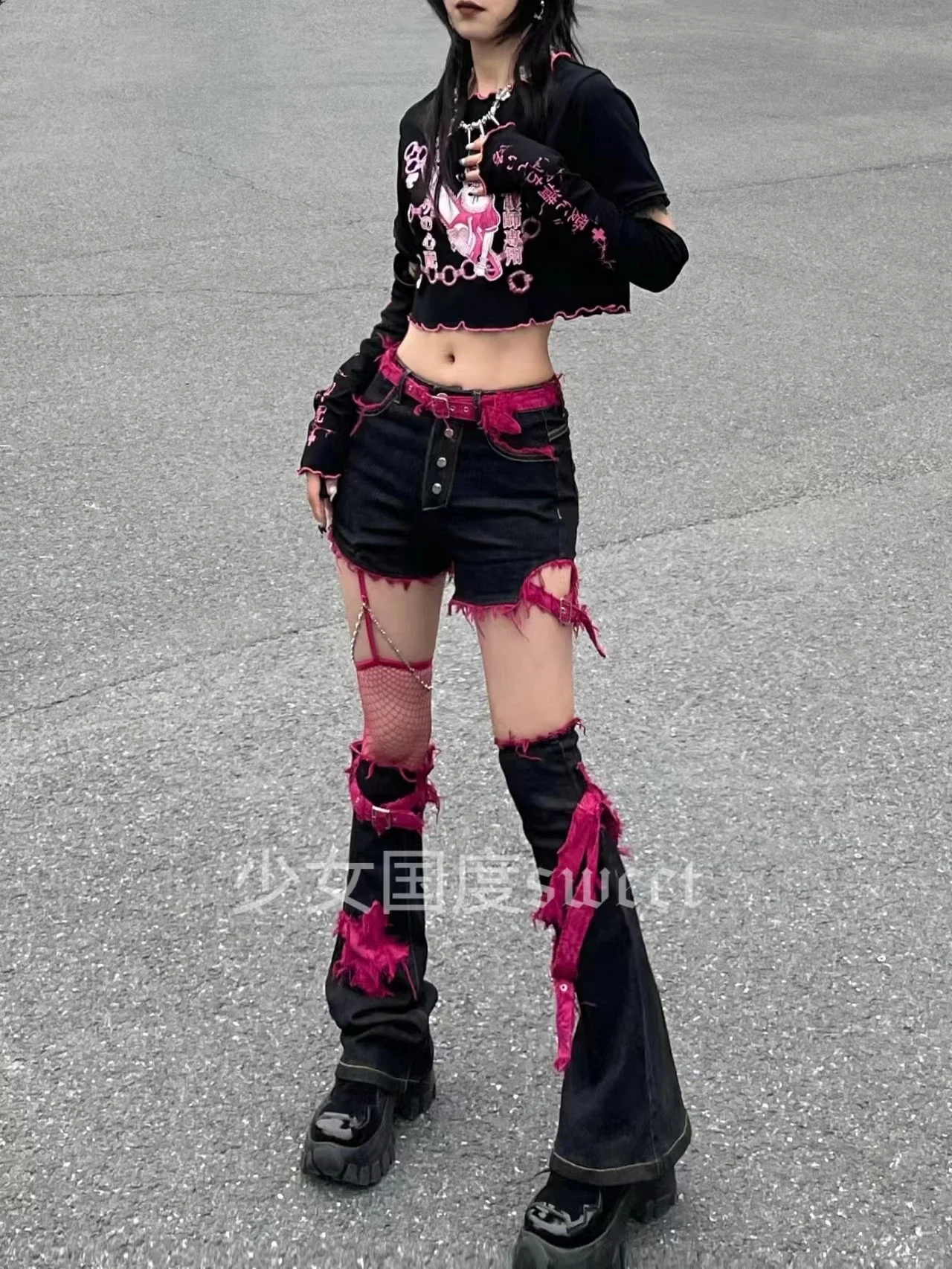 Hot Girls Y2K Subculture Black Pink Denim Shorts Color Collision Hollow Out Tassels Shorts Japanese Cute Sexy Shorts Leg Cover