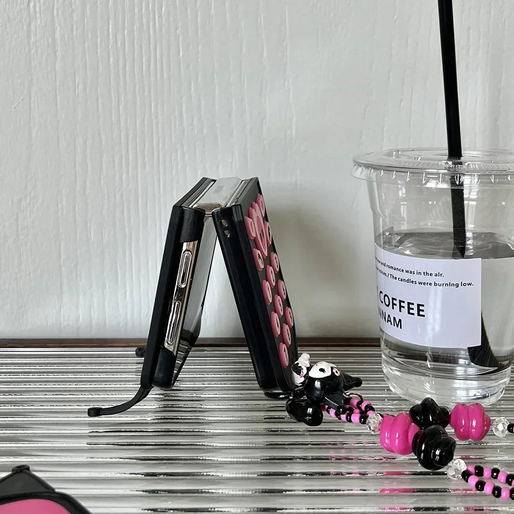 Kawaii Kuromis with Lanyard Telephone Phone Case for Samsung Galaxy Z Flip 3 4 5 5G PC Hard Anti-drop Back Cover Funda