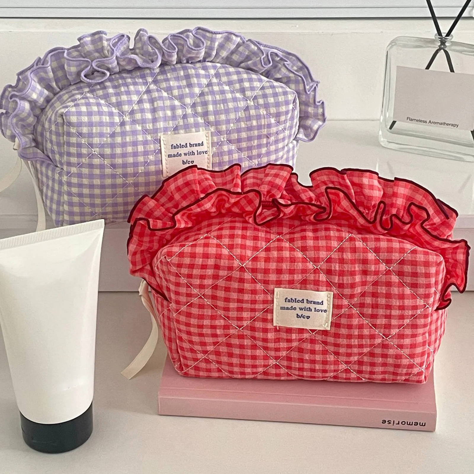 

Красная/фиолетовая клетчатая косметичка INS, модные портативные органайзеры для хранения косметики большой емкости для дома, ванной комнаты, косметички