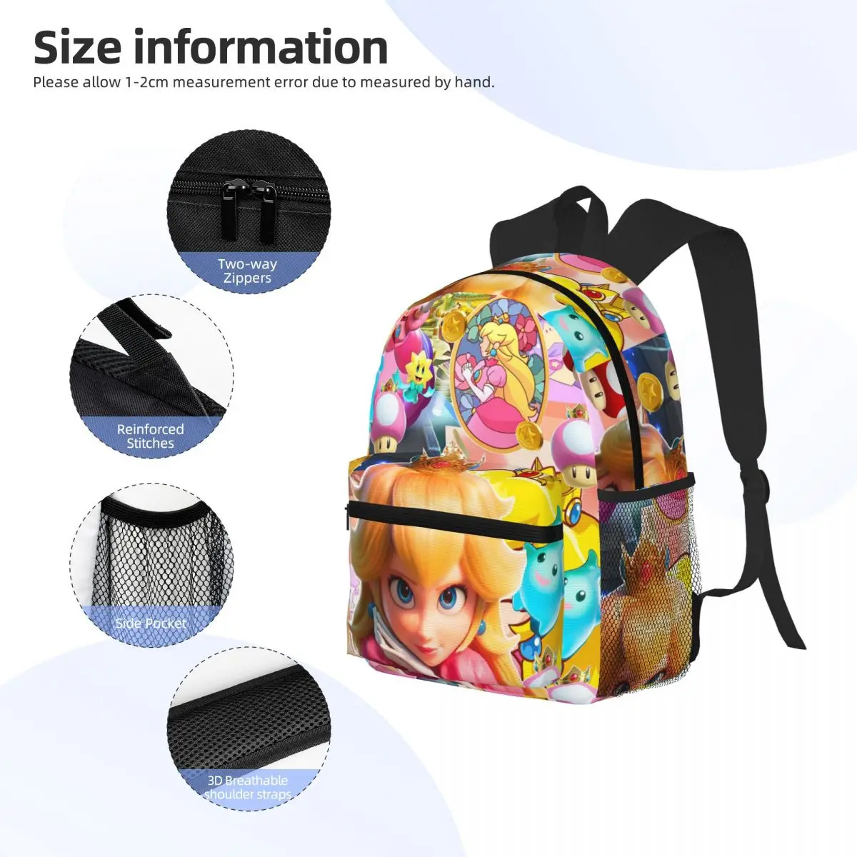 สาวพีชเจ้าหญิงพิมพ์กระเป๋าเป้สะพายหลังนักเรียนโรงเรียนกระเป๋าเดินป่า Daypack สําหรับผู้ชายผู้หญิงแฟชั่น Bookbag ไหล่กระเป๋า