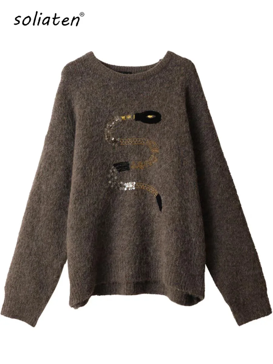 

Vintage Snake Embroidery O-neck Women Thicken Sweater Long Sleeve Elegant Lady Pullover Chic Casual Party High Street C-345