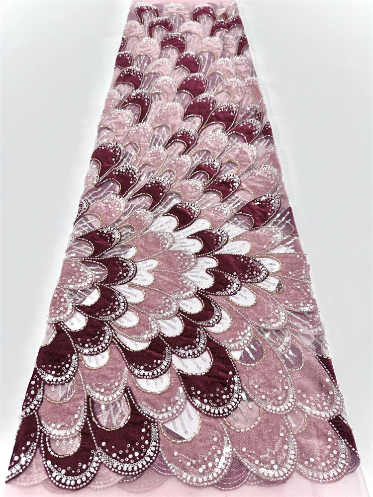 

2025 Luxury African Lace Fabric 5 Yards Velvet Lace Beaded Tulle Lace Fabric Embroidered Nigerian Fabric for Wedding Dress Sew