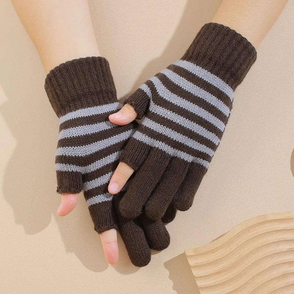 

Новые открытые перчатки с двумя пальцами, вязаные теплые перчатки в полоску, сенсорный экран, открытые ветрозащитные перчатки с двумя пальцами, морозостойкие, унисекс