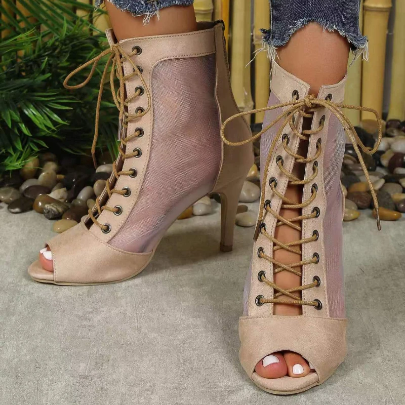 2025 New Women's Latin Dance Shoes Girls Soft Sole Back Zipper Open Toe Fish Mouth Women's Strappy Breathable High Heels