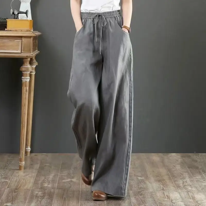 Summer Casual Flax Wide Leg Pants Ladies Solid Color All-match Straight Trousers 2024 New Comfortable High Waist Women Clothing