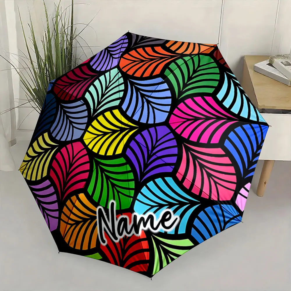 Custom Name  Colorful Leaves Pattern Umbrella Design Print 8 Iron Ribs Folding Umbrella Auto-Open Fashion Sunshade