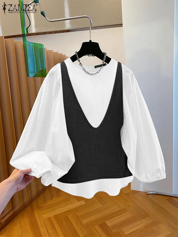 ZANZEA otoño tejido Patchwork blusa 2025 mujeres Blusas de manga larga femeninas Casual Tops elegante Oficina señora moda camisas