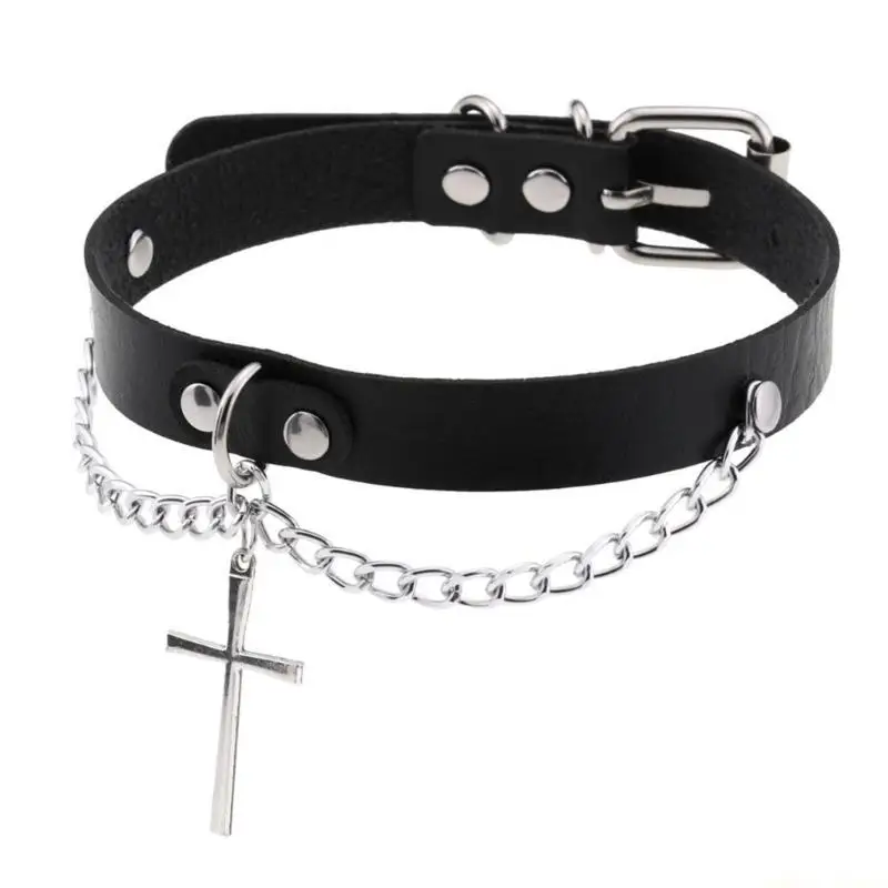 31BF Einstellbare Gothic Leder Halsband Kragen Halskette Punk Schlüsselbein Kette Halskette Kreuz Anhänger Halsband Halskette