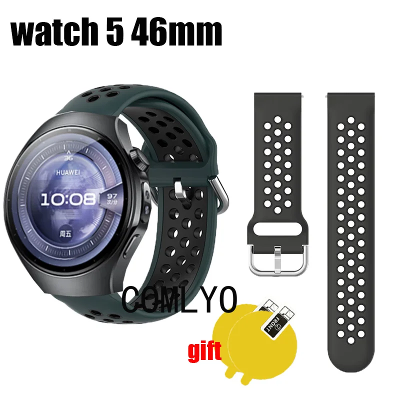

Ремешок для часов Huawei 5, 46 мм, ремешок для умных часов, силиконовый дышащий спортивный ремень для женщин и мужчин, защитная пленка для экрана