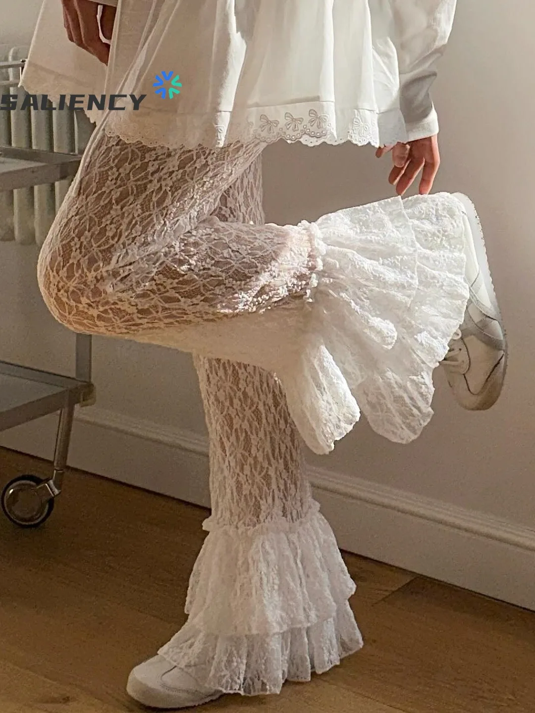 

SALIENCY See Through Lace Sexy Pants Elastic High Waisted Flare Pants Women Anti-glare Splicing Lace Bottoms