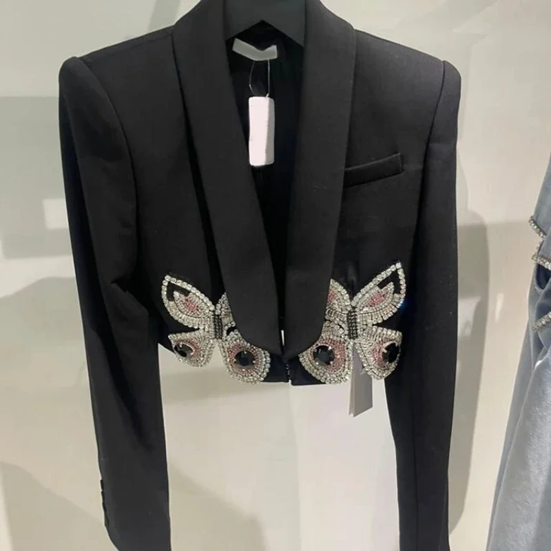 

Butterfly Embroidery Diamonds Beaded Short Suit Coat Spring Autumn Hot Drilling OL Blazers Jacket Shoulder Padded Cardigan Tops