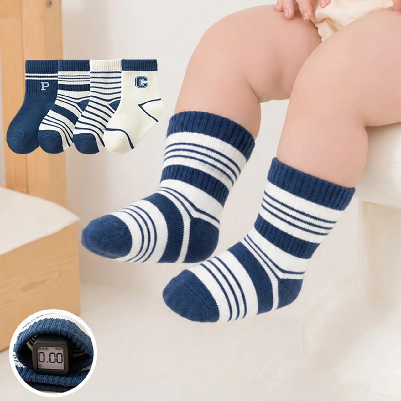 4Pairs Fashion Striped Boys Socks Spring Autumn Kids Mid-calf Sock Sweat Absorbing Breathable Children Cotton Socks 0-3Year Baby