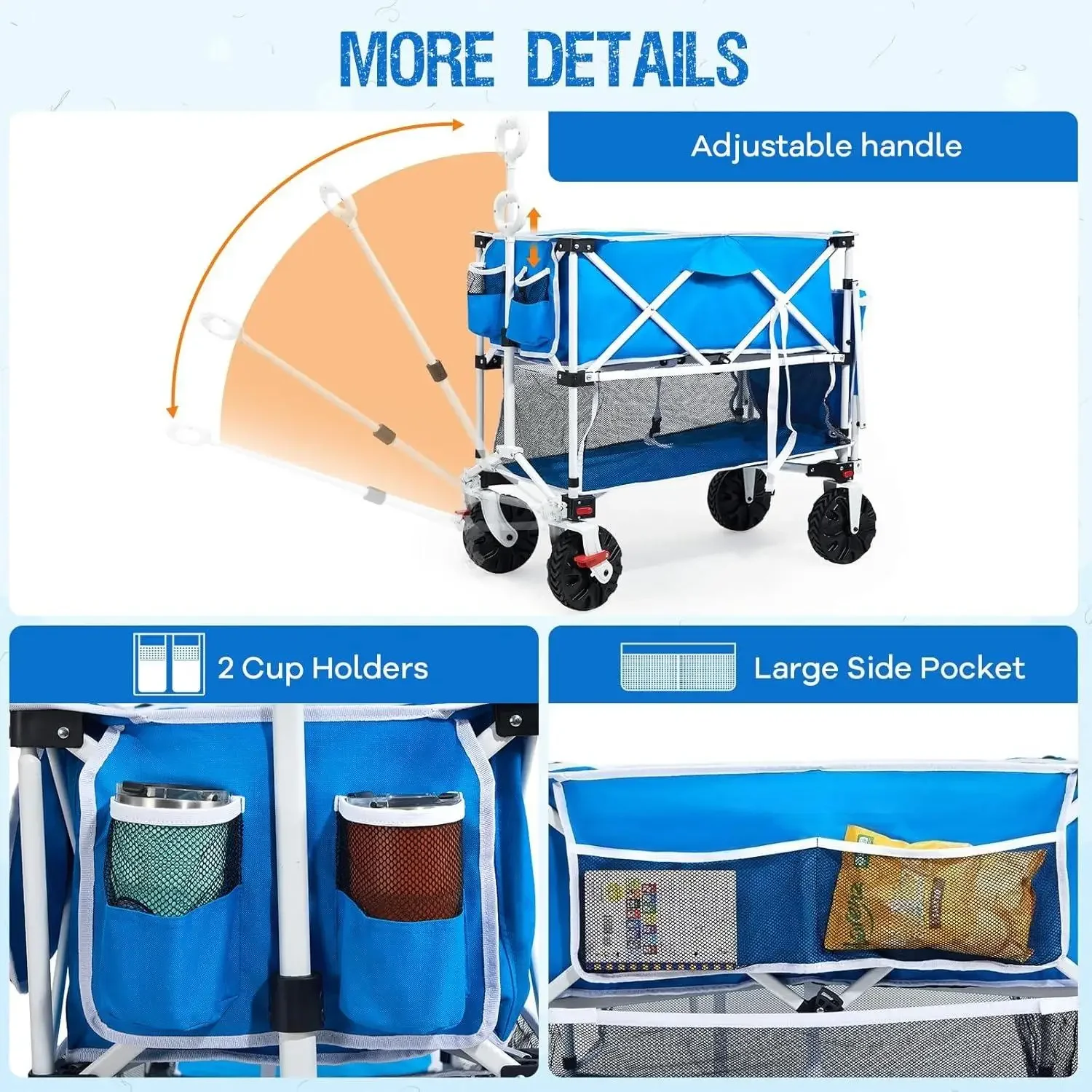 Складной двухэтажный пляжный фургон объемом 400 л с тормозами, складная пляжная тележка с удлиненным палубом 54 дюйма, сверхмощный фургон емкостью 450 фунтов