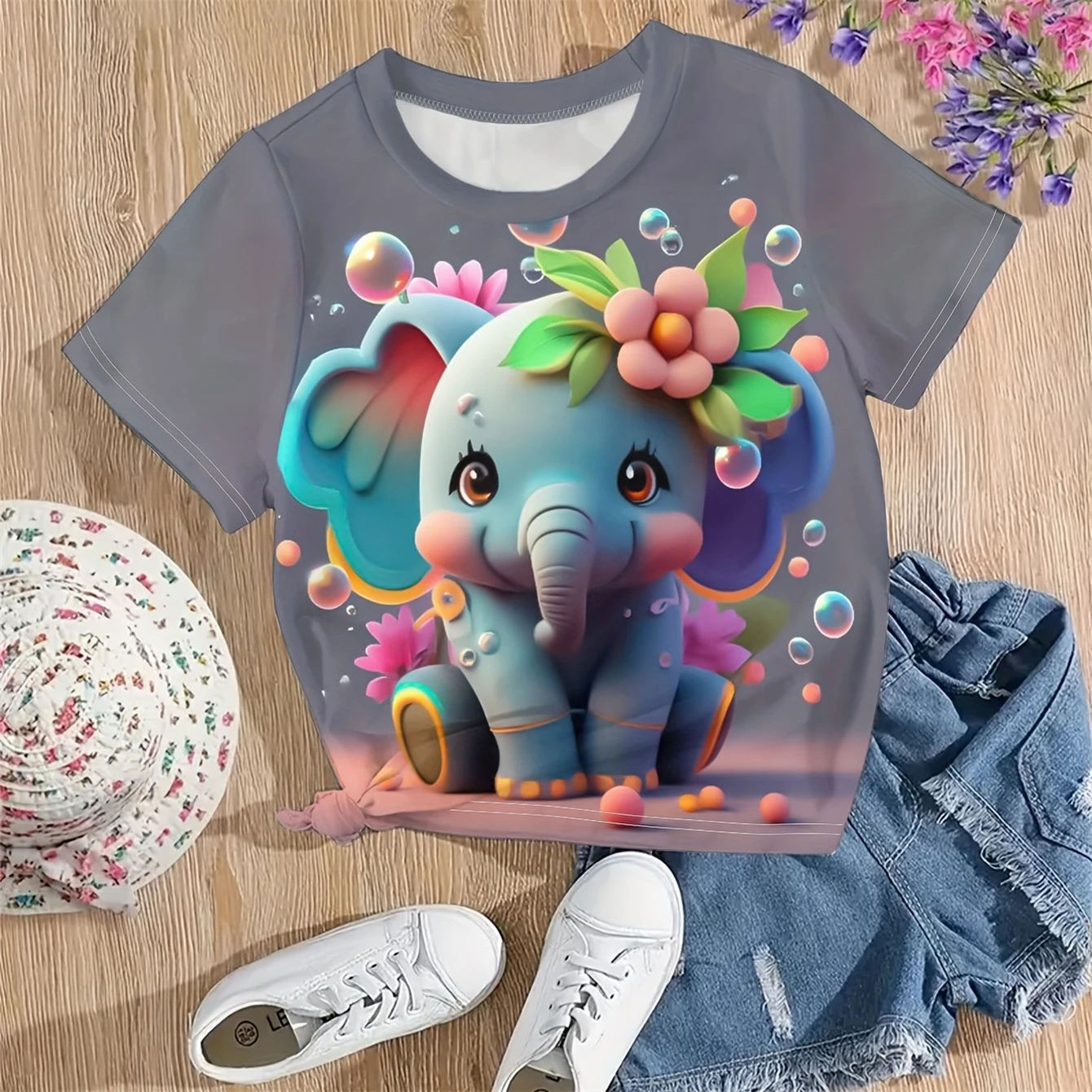 

Children's T-Shirt Cute 3D Elephant Flower Tops Girls Summer Gift Girl T-Shirts Crew Neck Kids T Shirt Casual Clothing for Girls