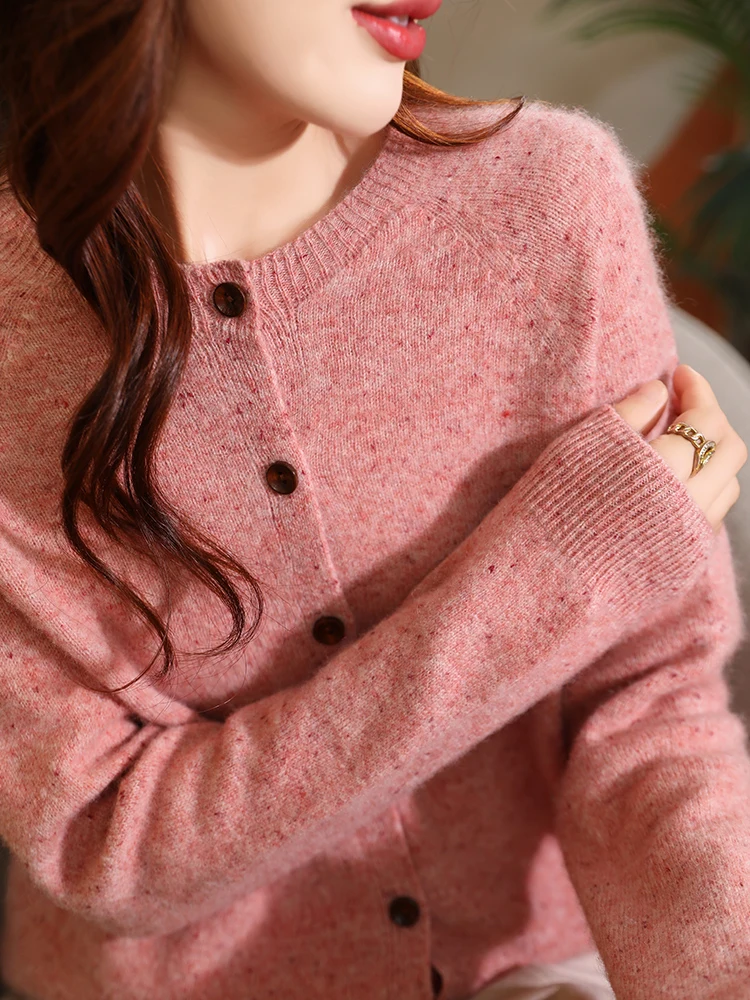 

Merino 100% Wool Women's Round Neck Cardigan Autumn Winter Casual Fashion Knitted Cashmere Sweater