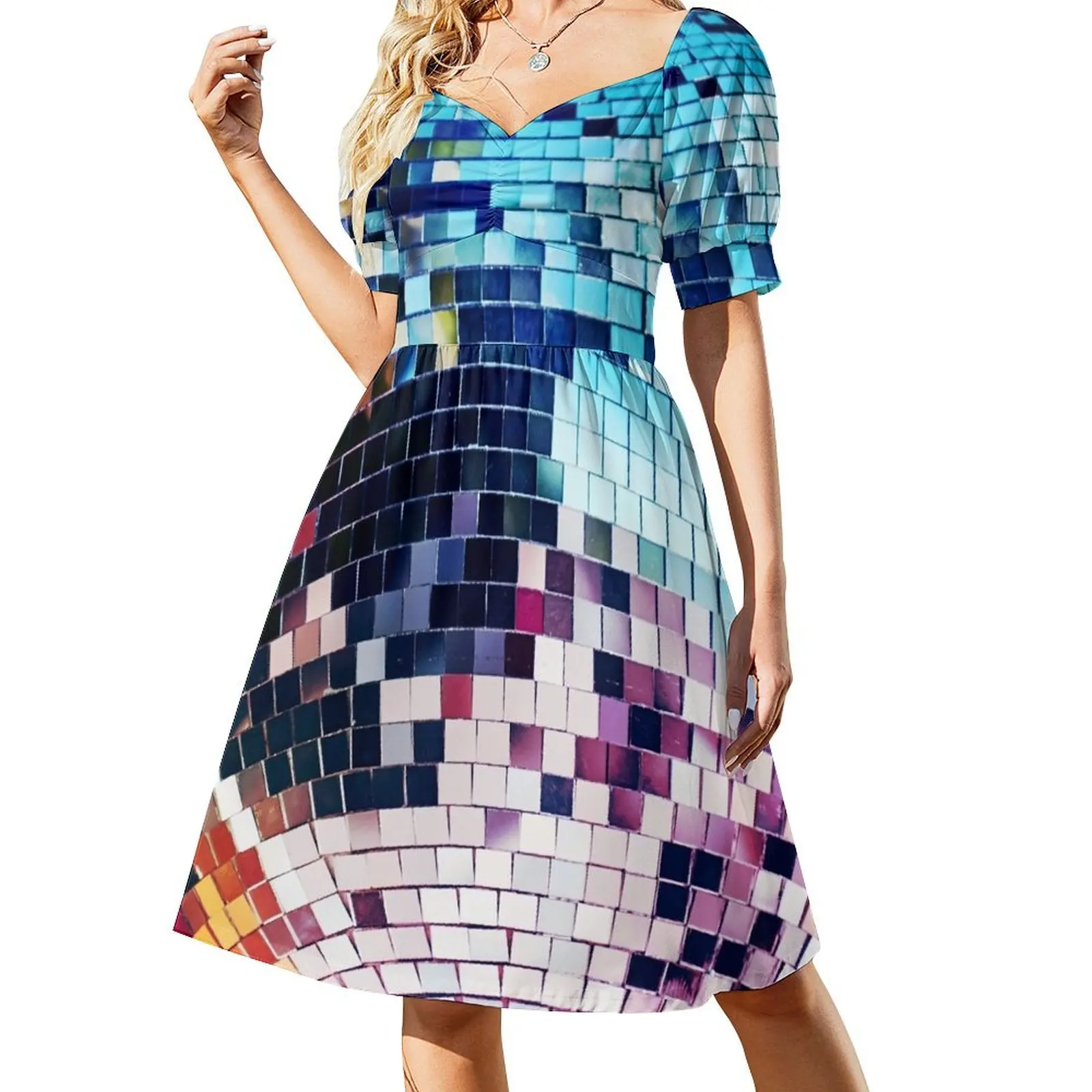 Disco Ball - Mirrorball Colorful Short Sleeved Dress women party dresses Long veiled dresses Dress