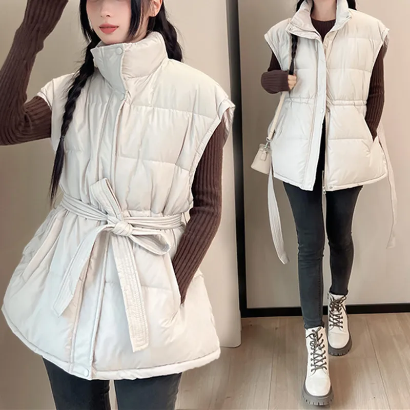 

Женский осенне-зимний новый жилет, пальто, повседневный тонкий жилет без рукавов с воротником-стойкой и поясом, утепленный теплый жилет, куртки женские