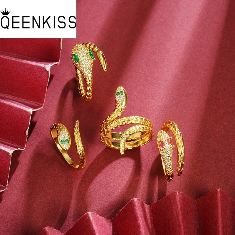 QEENKISS Gold Snake Open Rings For Women Female Wedding Party Birthday Christmas Bride Mother Girlfriend Ladies Gifts RG5229