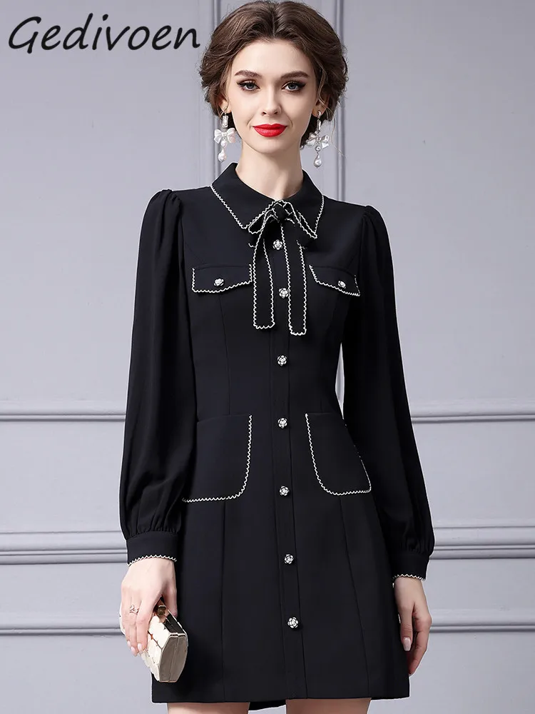 Gedivoen Autumn Fashion Runway Black Vintage Dress Women Lantern Sleeve Frenulum Button Pocket High Waist Slim Mini Short Dress