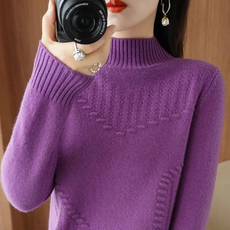 Half Height Collar Twisted Sweater Solid Color Long Sleeve Bright-coloured Straight Basic Style Autumn Winter Thick Ladies Top