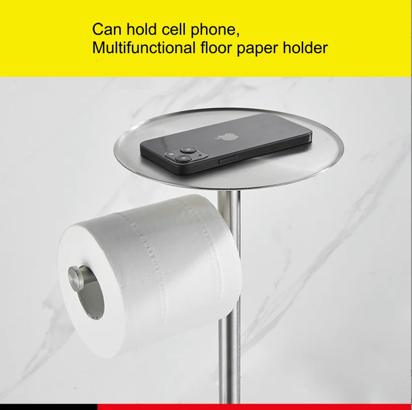 Stainless steel Floor-to-ceiling roll paper holder toilet perforation-free vertical paper towel holder mobile phone storage rack