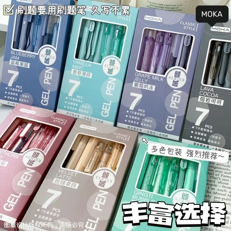 6 Pcs Korean Ins Simple Press Gel Pen Study Test Stationery Set Quick-drying 0.5mm Stationery Supplies 1 Pcs Highlighter Pen