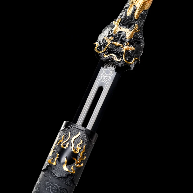 Chinese Battle Sword Manganese Steel Blade Real Handmade Full Size Ready Metal Handle Golden Dragon Katana Black Samurai Swords