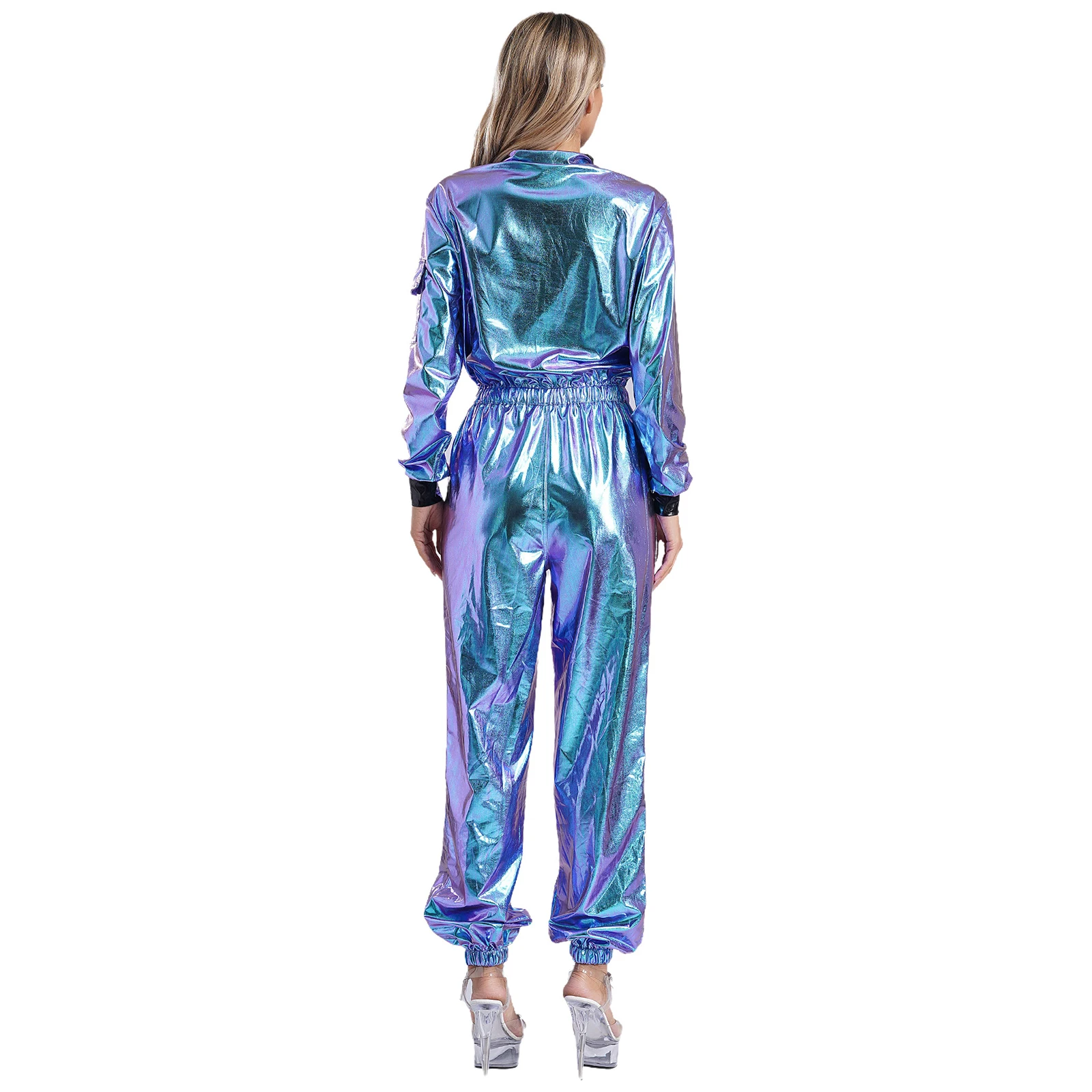 Mono Alien Space Unitards para mujer, disfraz de astronauta para carnaval y Halloween, mono de manga larga con cuello simulado brillante metálico y cremallera