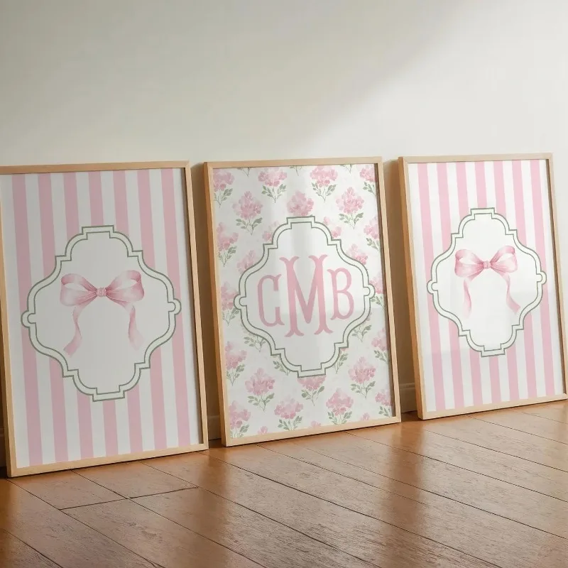 3pcs Pink Bow Monogram Gallery Wall Art Prints Watercolor Floral Striped Coquette Custom Initial Girl Nursery Unframed Canvas