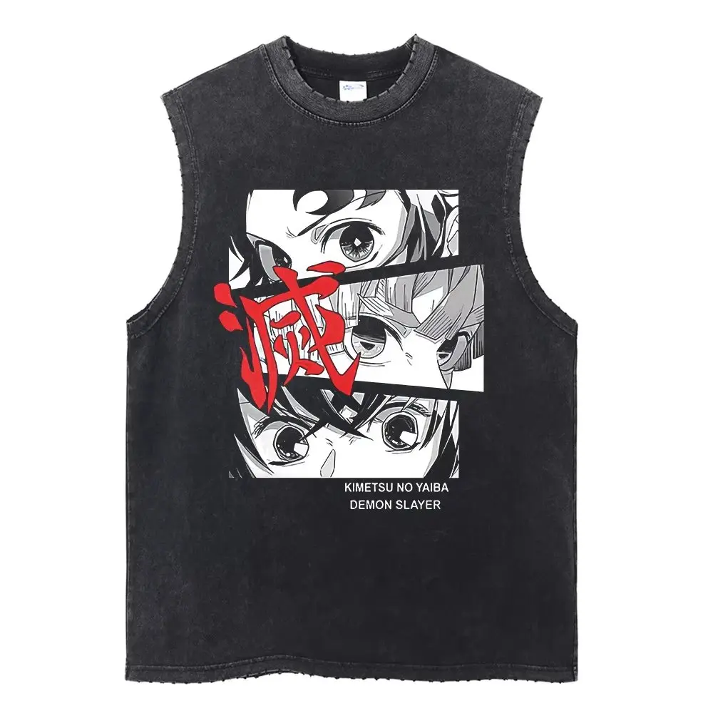 Demon Slayer Anime Vintage Washed Herren Tank Tops Sommer 2025, neuer Mann, ärmelloses Shirt, übergroße Gym Weste, Streetwear, Y2k-T-Shirt