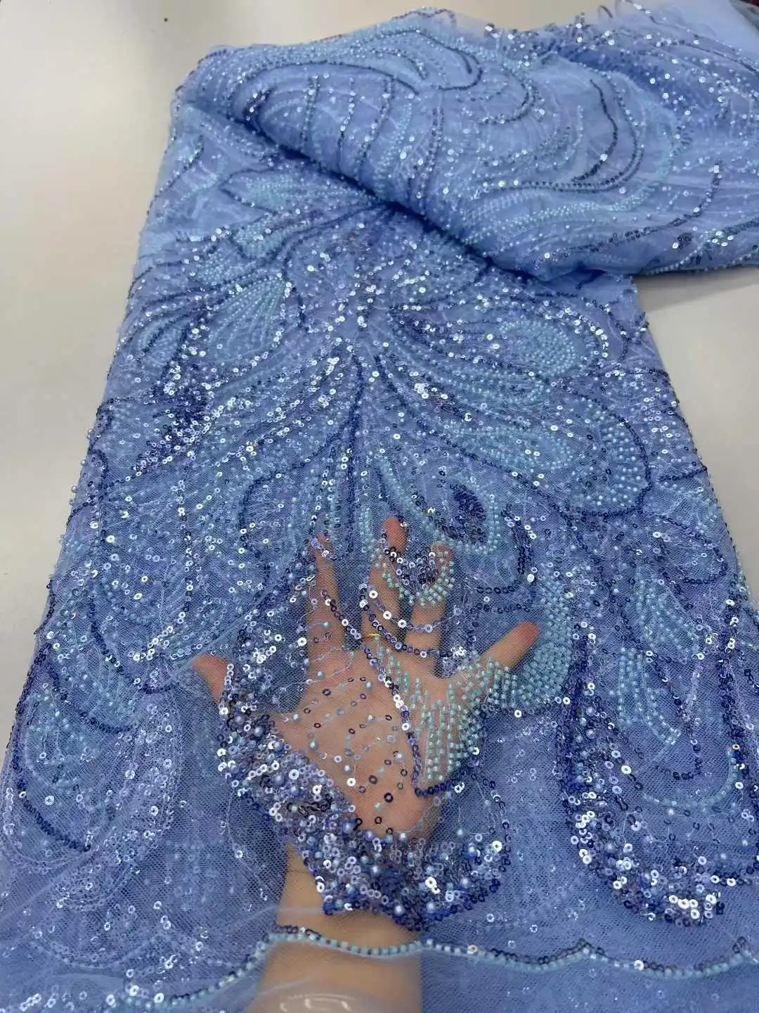 

5 Yards Luxury French Mesh Beaded Lace Fabric High Quality African Sequins Groom Lace Fabrics For Nigerian Wedding Dress 2025