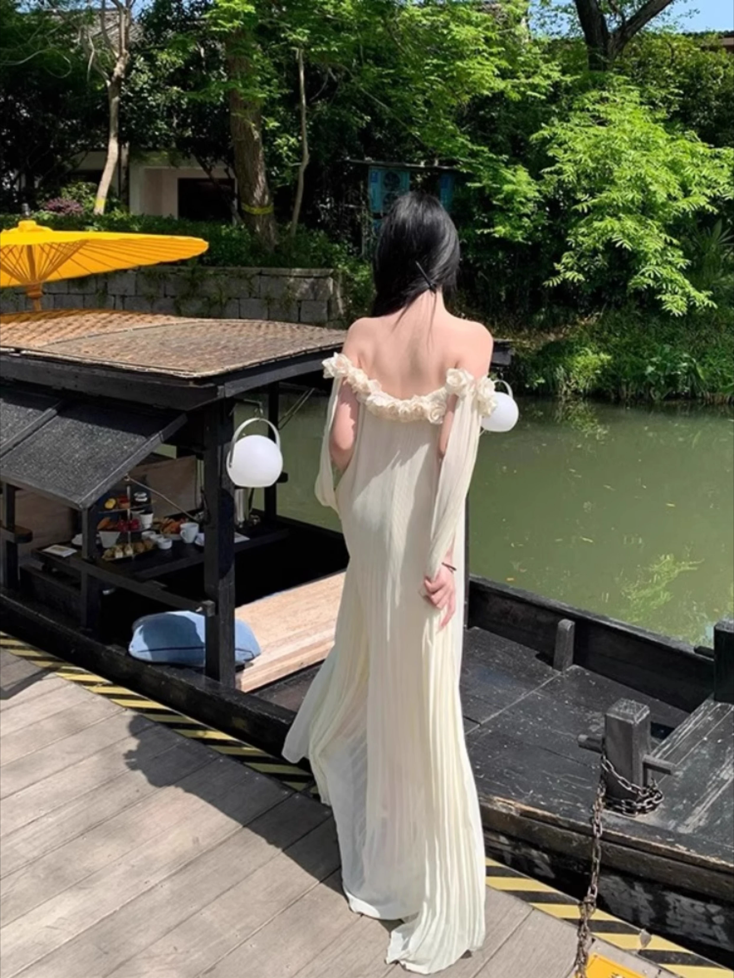 Elegant 3D Flower Long Evening Dresses Women Summer Vintage Sexy Slash Neck Pleated Loose Bohemia A Line Party Vacation Dress